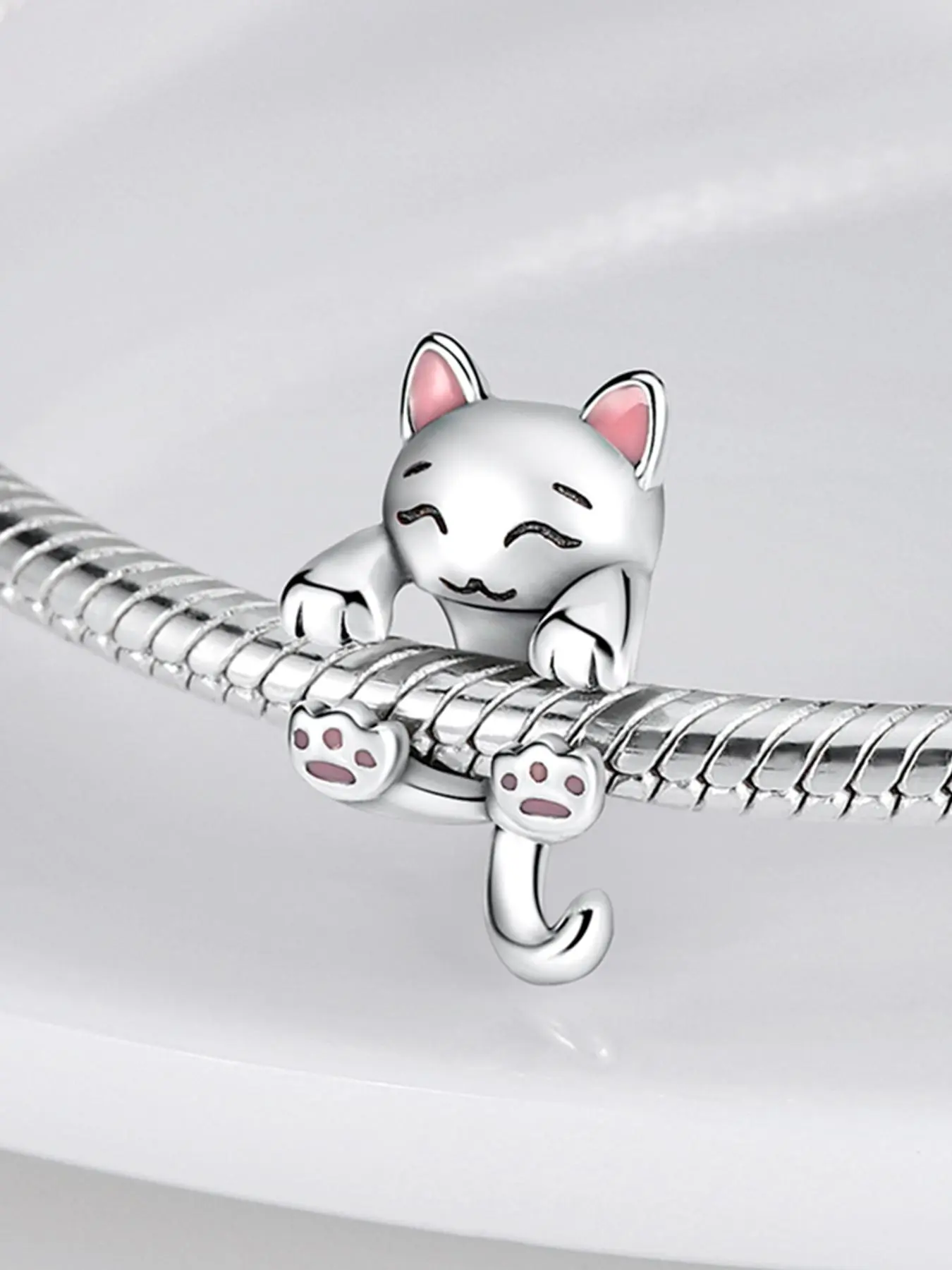 S925 Sterling Silver Cute Cat Design Pendant, Animal Shaped Pendant for Bracelet & Necklace, Fashion Accessories for Women & Girls