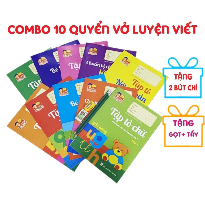 Sách - Bộ 10 Quyển Luyện Viết Tập Tô Chữ Cho Bé Mẫu Giáo kèm bút chì, gọt và tẩy - 1