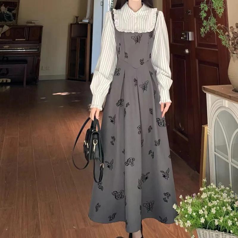 Product Introduction of FADFAD[ready stock] Gaun Wanita Motif Bergaris Rok Panjang Berkerah Lengan Panjang Gaya Kasual 6