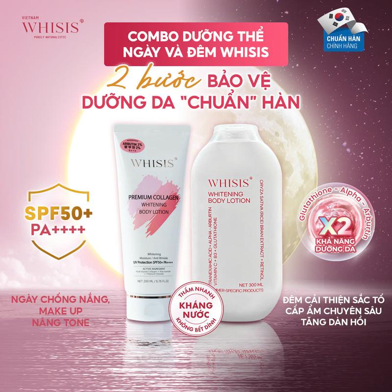 Combo Dưỡng Body Ngày Đêm Whisis Kem Body Ngày Nâng Tone Chống Nắng WHISIS Premium Collagen 200ml + Dưỡng Thể Ban Đêm Men Gạo Retinol WHISIS Whitening Body Lotion 300ml