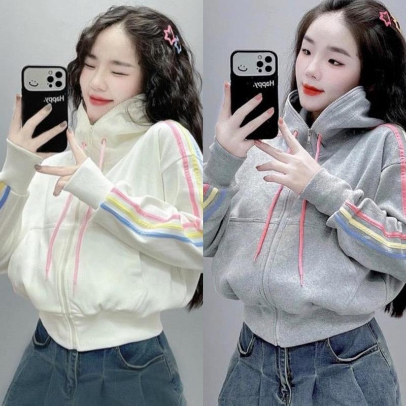 Áo Khoác Nỉ Cổ Cao CÓ NÓN 3 Sọc Viền Màu CẦU VÒNG ( CÓ TÚI TRONG )