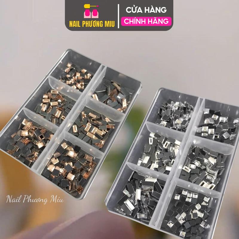 Khay Đá Khối Chân Bằng Chữ Nhật 6 Ngăn Mix Size Siêu Sáng Màu Trắng AB Vàng Trà Trang Trí Móng Sang Trọng Làm Nail Nữ Women