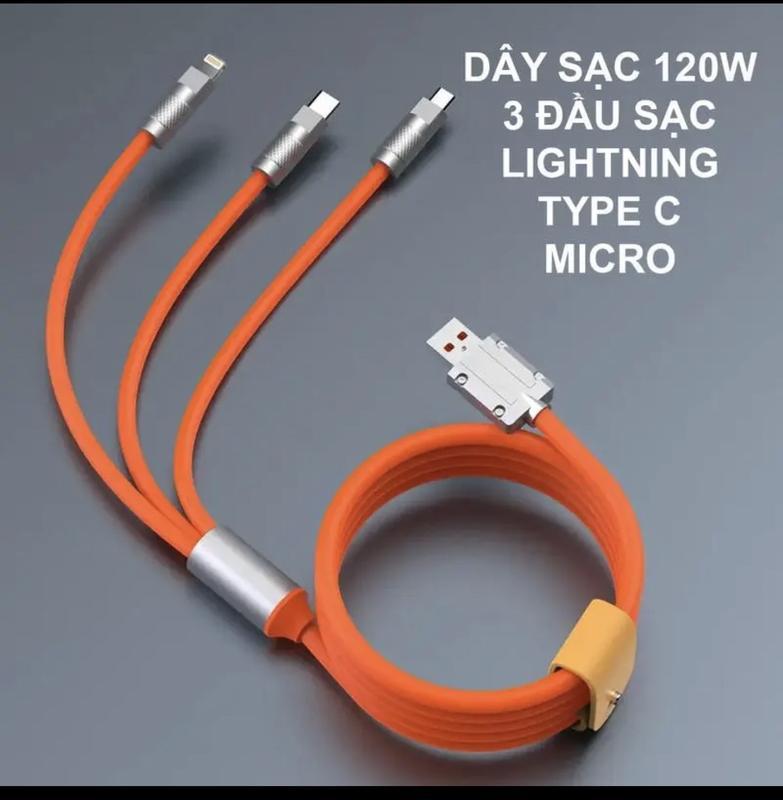 Dây Cáp Sạc Nhanh 120W 3 Đầu Sạc Bằng Hợp Kim Kẽm Và Silicon Dài 1m2 Chống Đứt, Chống Rối 3