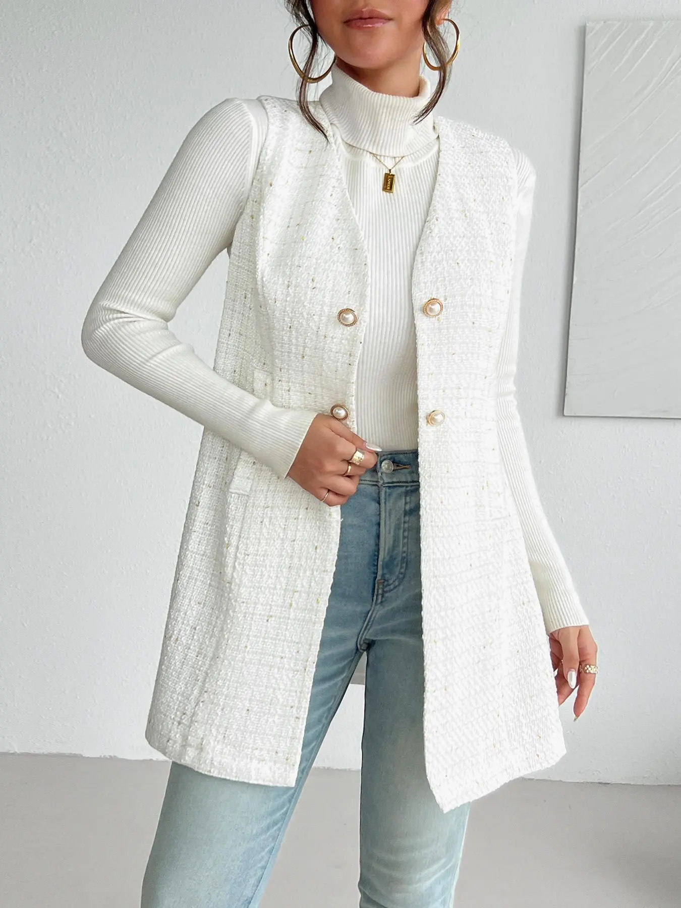 Women's Solid Button Front V Neck Tweed Vest Coat, Elegant Fashion Casual Sleeveless Outerwear for Daily Outdoor Wear, Women Clothing for Fall & Winter