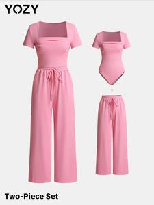 YOZY Women's Plain Ruched Square Neck Bodysuit & Drawstring Pocket Pants Set, Casual Short Sleeve Button Bodysuit & Elastic Waist Wide Leg Pants, Ladies Clothes for Daily Wear