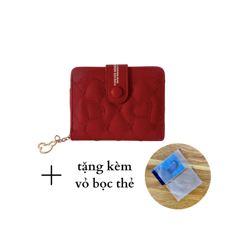[TẶNG VỎ BỌC THẺ] Ví da mini thêu họa tiết bóp cầm tay đựng tiền khóa gài cho nữ màu nâu đen đỏ Wallet