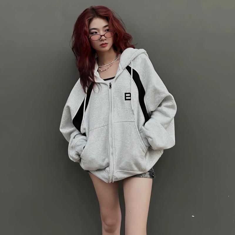 Áo Khoác Nỉ Hoodie Chữ B Phối Viền Dáng Rộng Hàng Hai Lớp - Nữ Top nỉ ép hàn Women