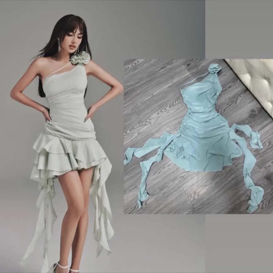 ĐẦM BODY LỆCH VAI HOA HỒNG TUA RUA
