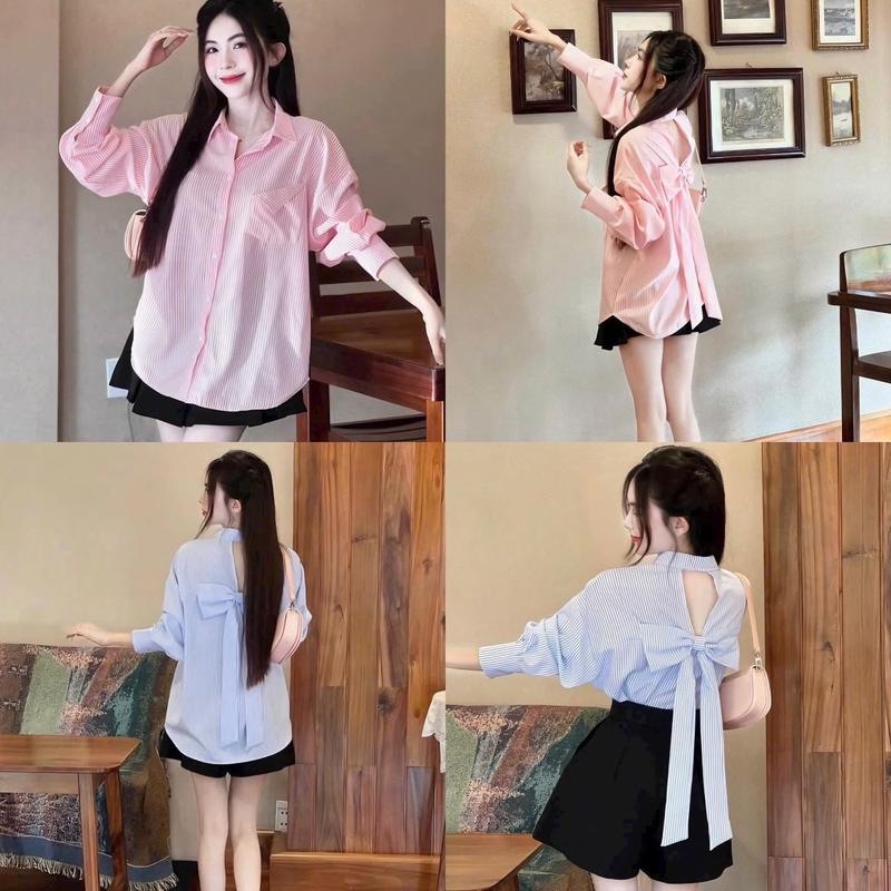 3Q446 Bộ Set 2 Món Áo Sơ Mi Sọc Phối Túi Kiểu Mix Nơ Sau & Quần Short Để Đi Chơi, Đi Dạo Xinh Xắn (eo 68-80cm) Nữ Top Women 1