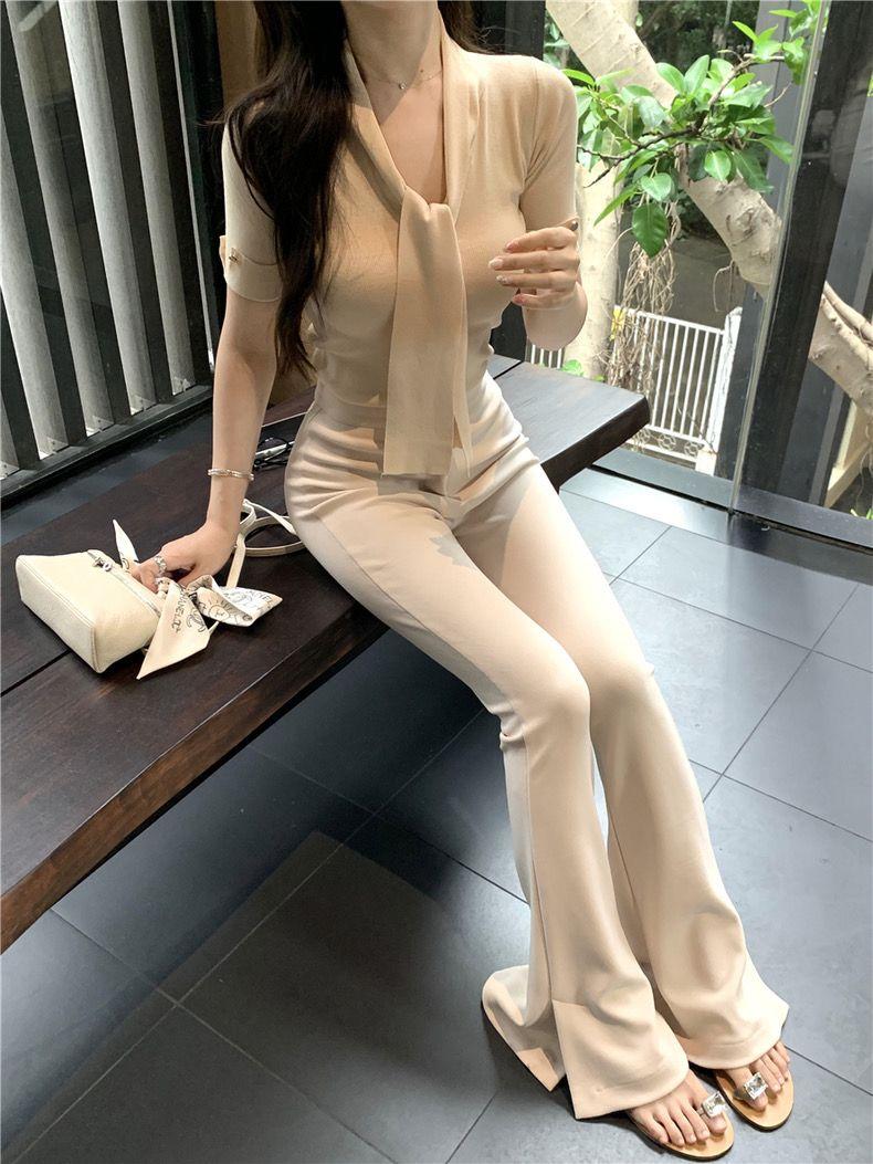 Product Introduction of CQ-Korean Style Ribbon  Short-Sleeved Knitted T-shirt Women's Summer Waist Elegant Slightly Mature Style Chic Blue Top SS24 [1470] 17