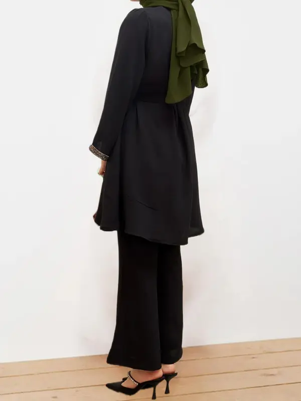 Women's Solid Color Long Sleeve Belted Blouse, Modesty Casual Round Neck Top for Daily Wear, Ladies Islamic Clothing for All Seasons 1