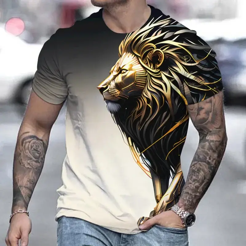 Animal Lion 3d Printed Fashion Short Sleeve Top Summer Vintage T-shirt Elastic oversized clothing Sweatshirt Fitness T-shirt for Casual Menswear Man Lingerie Pullover Polyester Fabric Decoration Streetwear Clothe Human