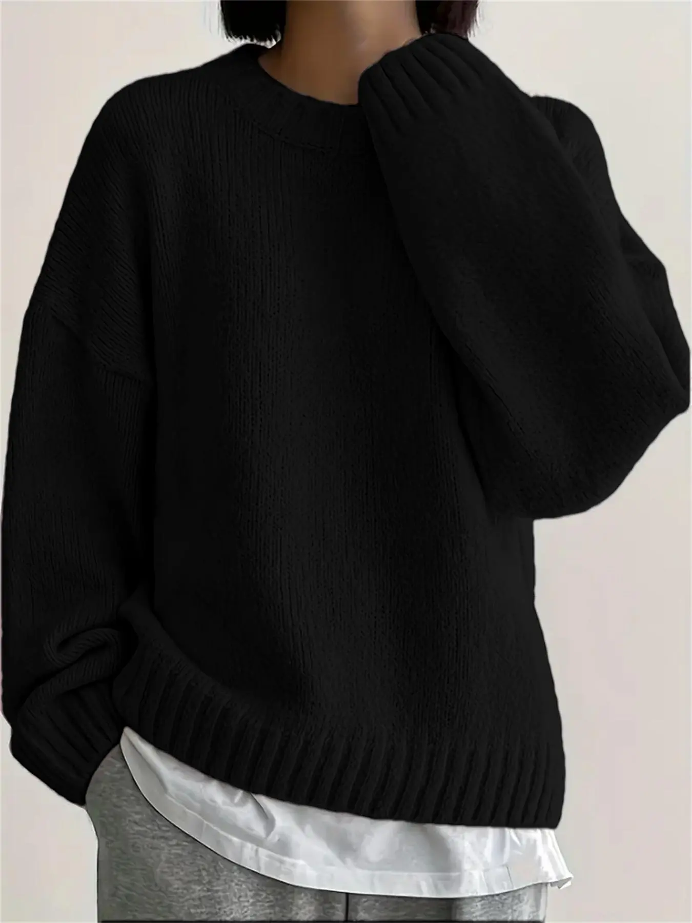 Women's Plain Round Neck Sweater, Basic Casual Elegant  Drop Shoulder Long Sleeve Jumper for Fall & Winter, Women's Knitwear for Daily Wear, Going-out Tops