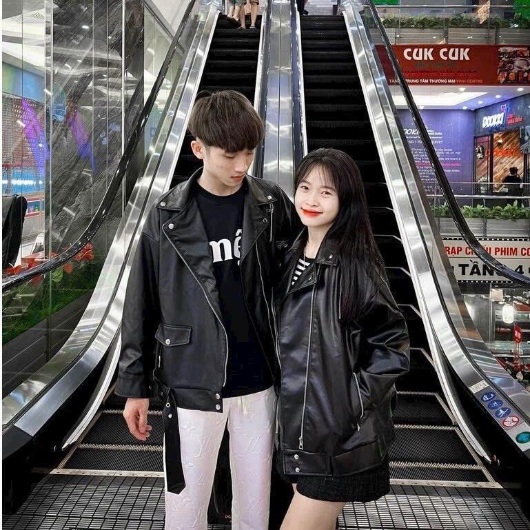 Áo khoác da 2 lớp dáng rộng kèm dây đai Da chất da lì mềm dày xịn nữ - Jacket 1