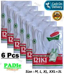 PADIe - 6 PCS Kaos Dalam/Singlet Pria / Laki-Laki RIKI PUTIH/HITAM Size M, L, XL, LLL