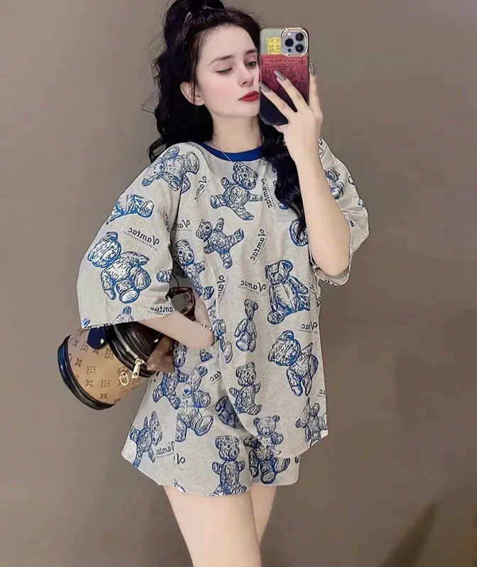 Bộ short thun cotton mặc hè dạo phố xinh xăn Áo Nữ Top Women Cổ Tròn Tre Sen Nhung Voi