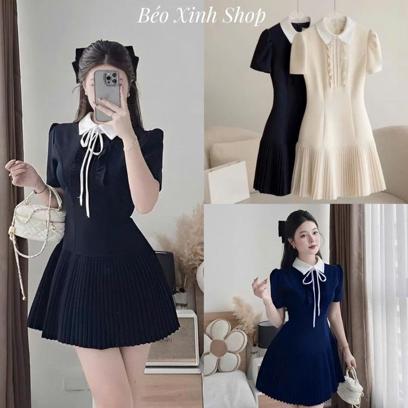 Váy Dự Tiệc Dáng A Xòe Phối Cổ Nơ Trắng Vải Cotton Lạnh Cao Cấp Bigsize Từ 40 - 90Kg Béo Xinh Shop - A.1572