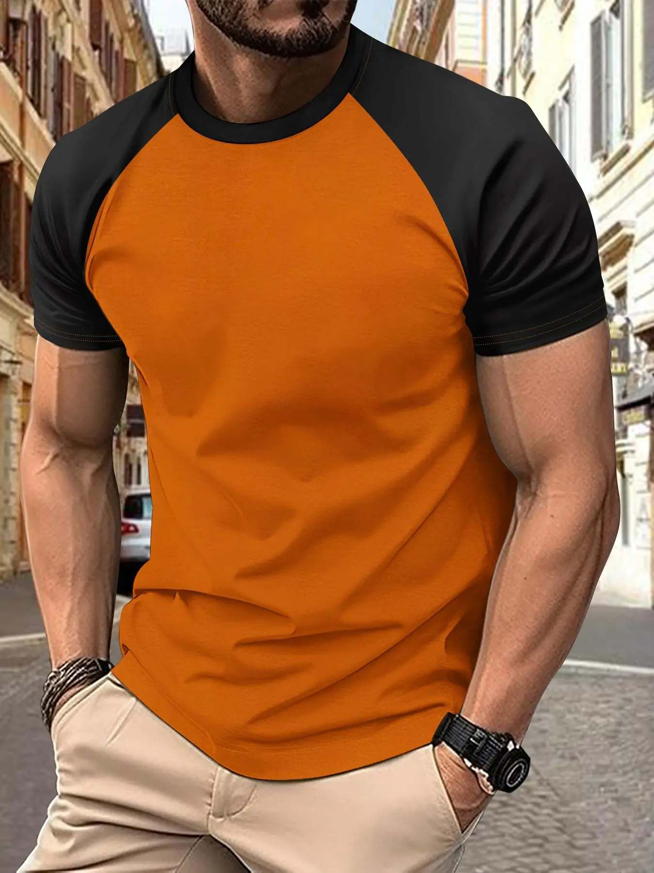 Men's Colorblock Raglan Sleeve Tee, Regular Fit Casual Short Sleeve Round Neck T-shirt for Summer, Fashion Men's Top for Daily Wear