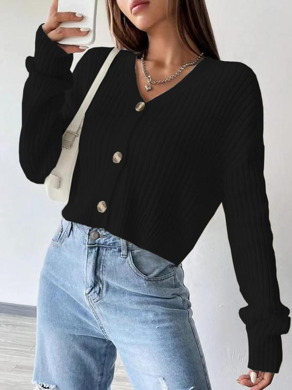 Women's Plain Button Front Drop Shoulder Cardigan, Casual Solid Long Sleeve V Neck Knitwear for Fall & Winter, Women's Clothing for Daily Wear, Workwear for Women, Go Out Tops, Womenswear 3