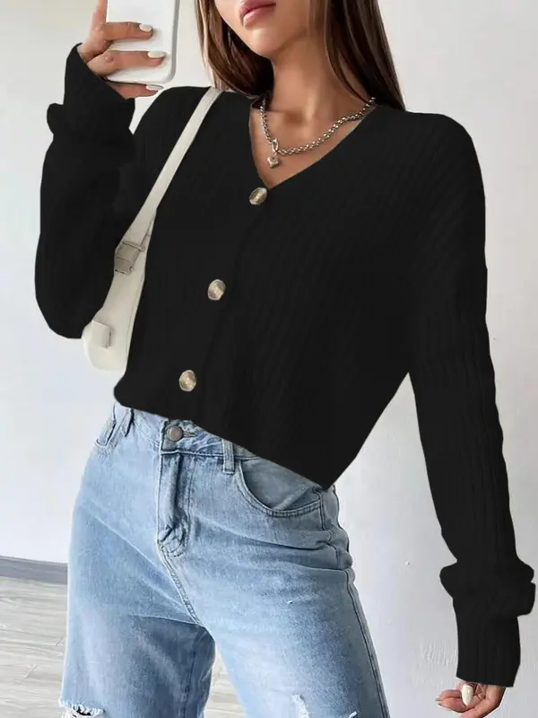 Women's Plain Button Front Drop Shoulder Cardigan, Casual Solid Long Sleeve V Neck Knitwear for Fall & Winter, Women's Clothing for Daily Wear, Workwear for Women, Go Out Tops, Womenswear 3