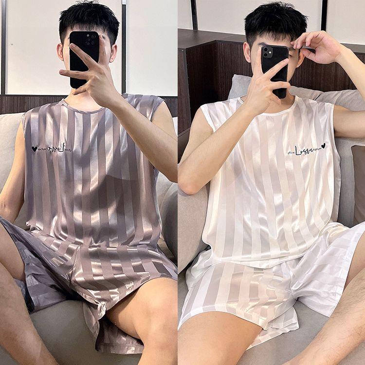 Đồ Ngủ Mùa Hè Cho Nam, Chất Liệu Lụa Lạnh Mỏng, Bộ Sưu Tập Mới 2024, Áo Vest Và Quần Đùi, Bộ Đồ Mặc Nhà, Không Tay, Ngoại Cỡ, Thích Hợp Cho Mùa Hè Menswear 1