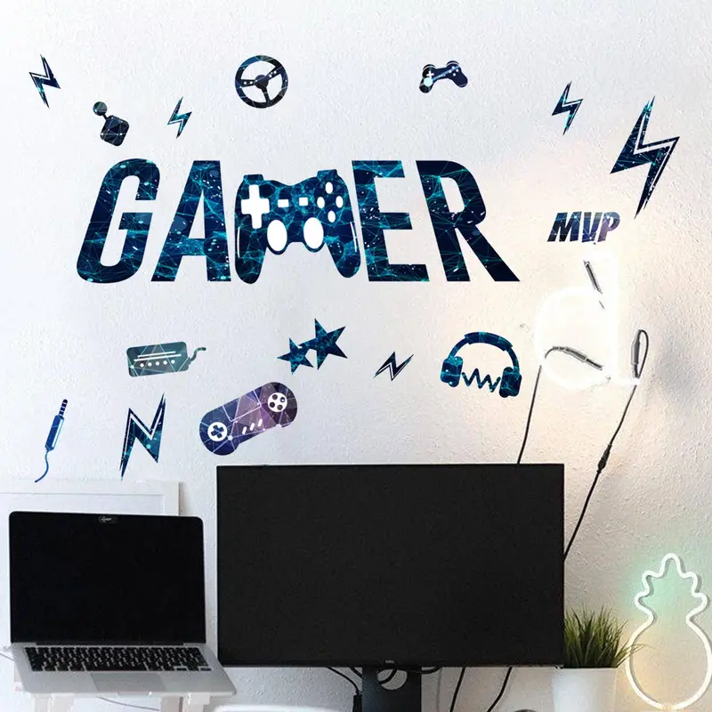 Game Series Pattern Wall Decorative Sticker, Mixed Pattern Wall Decals for Boys Kids Room Home Playroom Decoration, Creative Gaming Controller Home Decor Set 4