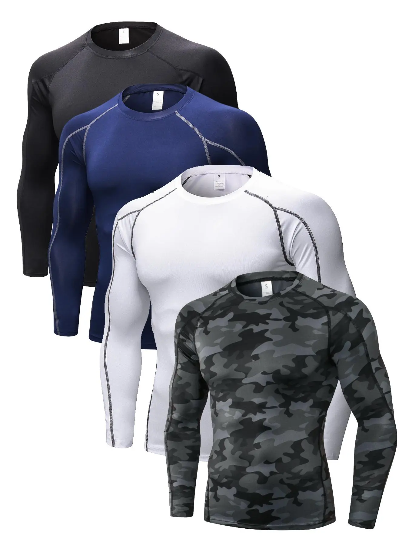 Men's Solid Round Neck Long Sleeve Sports Tee, Quick Drying Breathable Compression T-shirt, Men's Sportswear Fitness  for Gym Workout Running