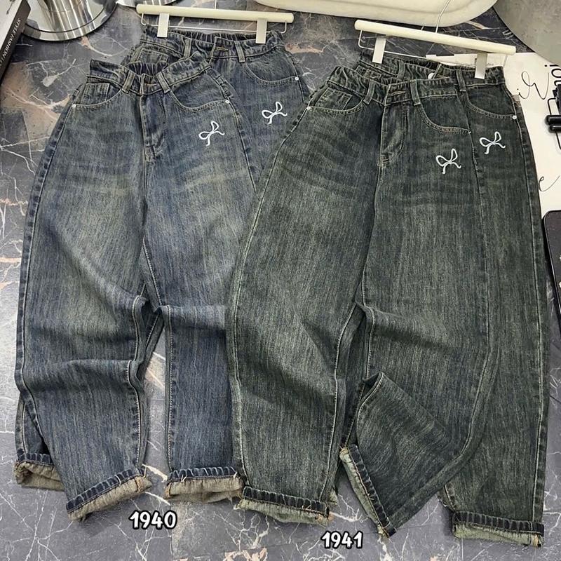 | BG115 | - Quần Jean baggy Nữ lưng thun NƠ Ở TÚI dàii 90 cm Không Co Giãn Trên Gối Women