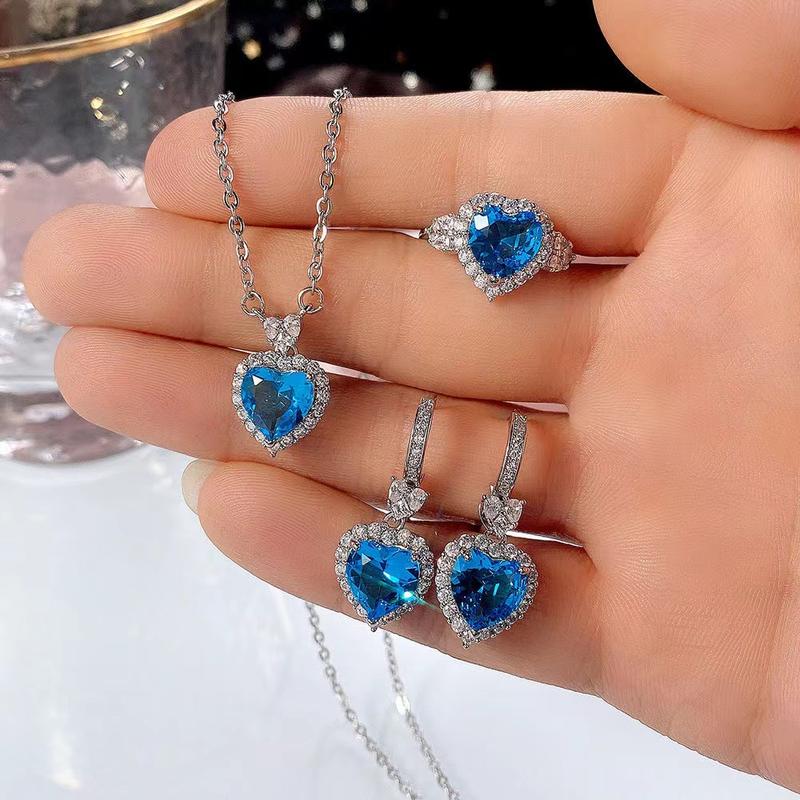 Xiyin Hot-Selling Ocean Heart Pendant Necklace Beautiful Light Luxury Niche Ring Earring Set Summer Clavicle Chain 0