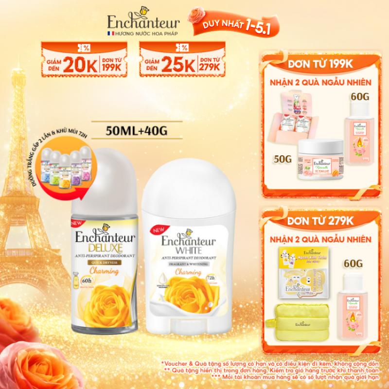   DUY NHẤT 1-5.1  ĐƠN 199K TẶNG 2 QUÀ  Combo Lăn Khử Mùi Hương Nước Hoa Enchanteur Charming 50ml + Sáp Khử Mùi Dưỡng Da Charming 40g 