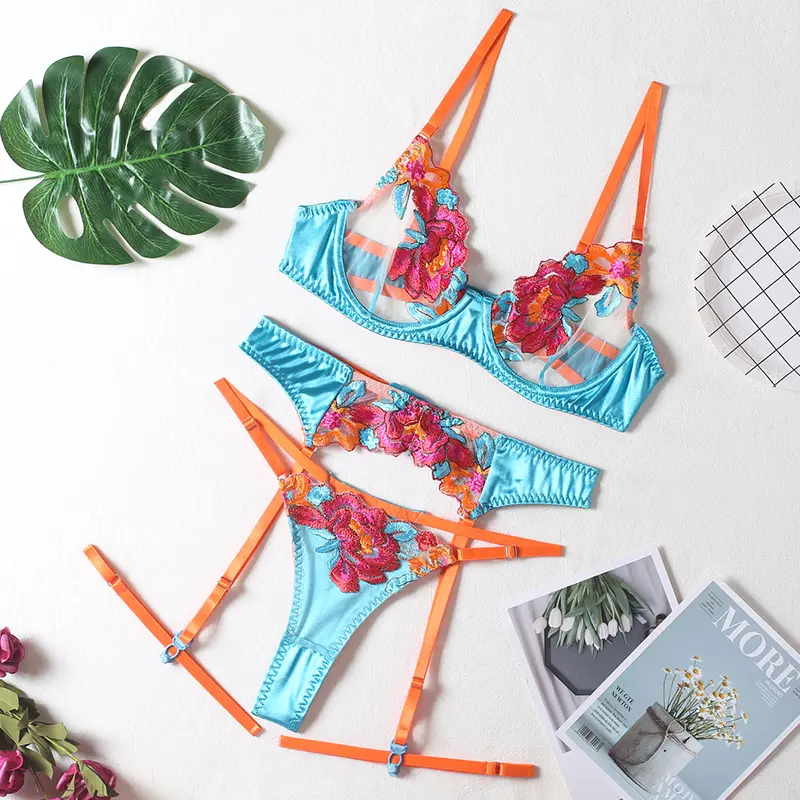 Bộ Đồ Lót Gợi Cảm Cho Nữ, Áo Ngực, Quần Lót, Tất, Vòng Đùi, Thêu Hoa 9 Màu, Đồ Lót Siêu Mỏng Trong Suốt
