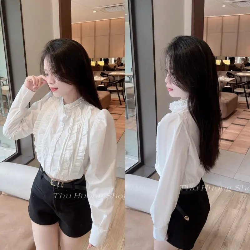 ÁO SƠ MI DÁNG NGẮN CỔ TÀU ĐÍNH ĐÁ SANG CHẢNH (ẢNH SHOP TỰ CHỤP)  Women Top
