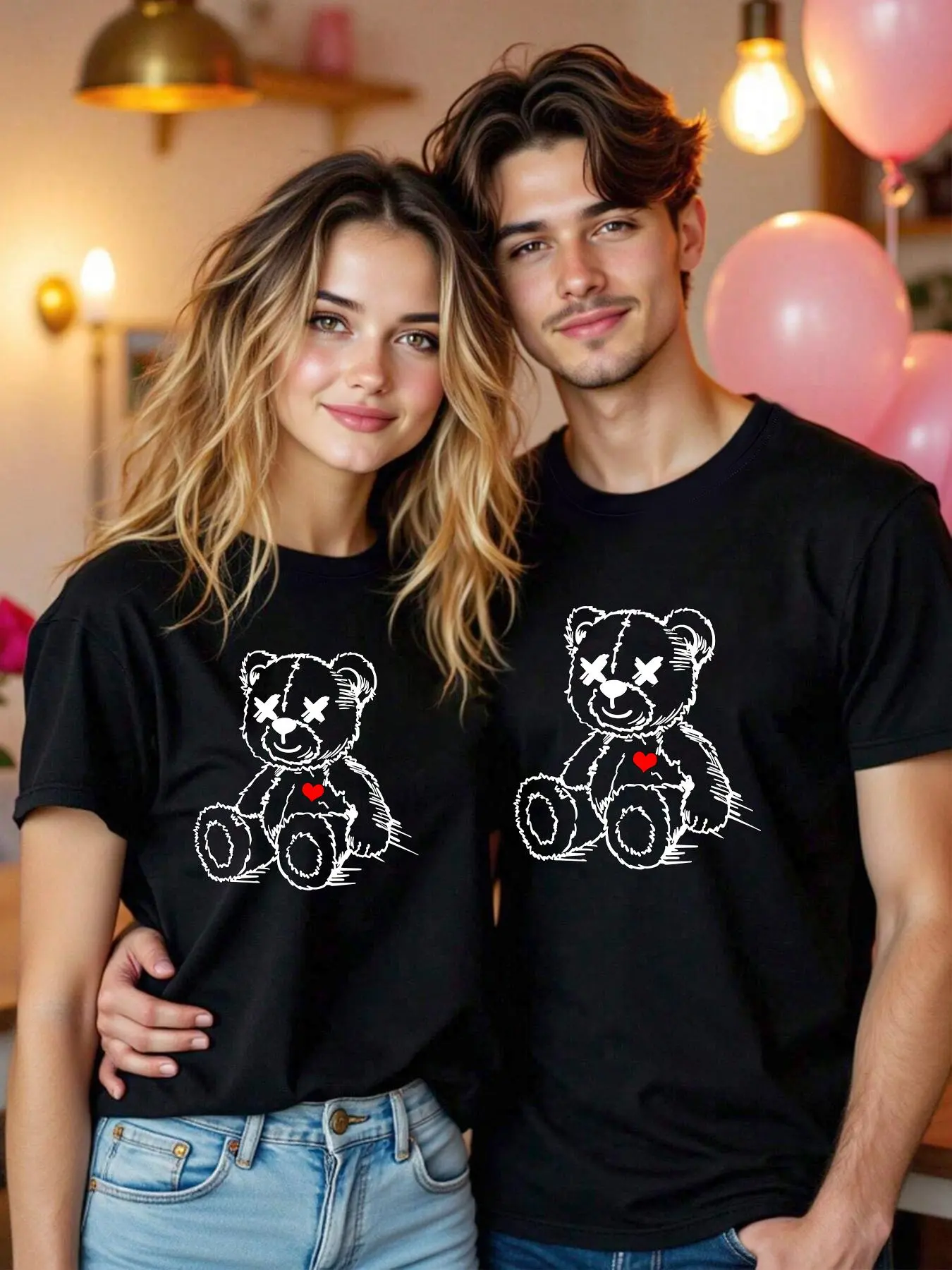 Men's Bear & Heart Print Round Neck Tee, Casual Comfy Short Sleeve T-shirt for Daily Wear, Couple's Clothing for Summer