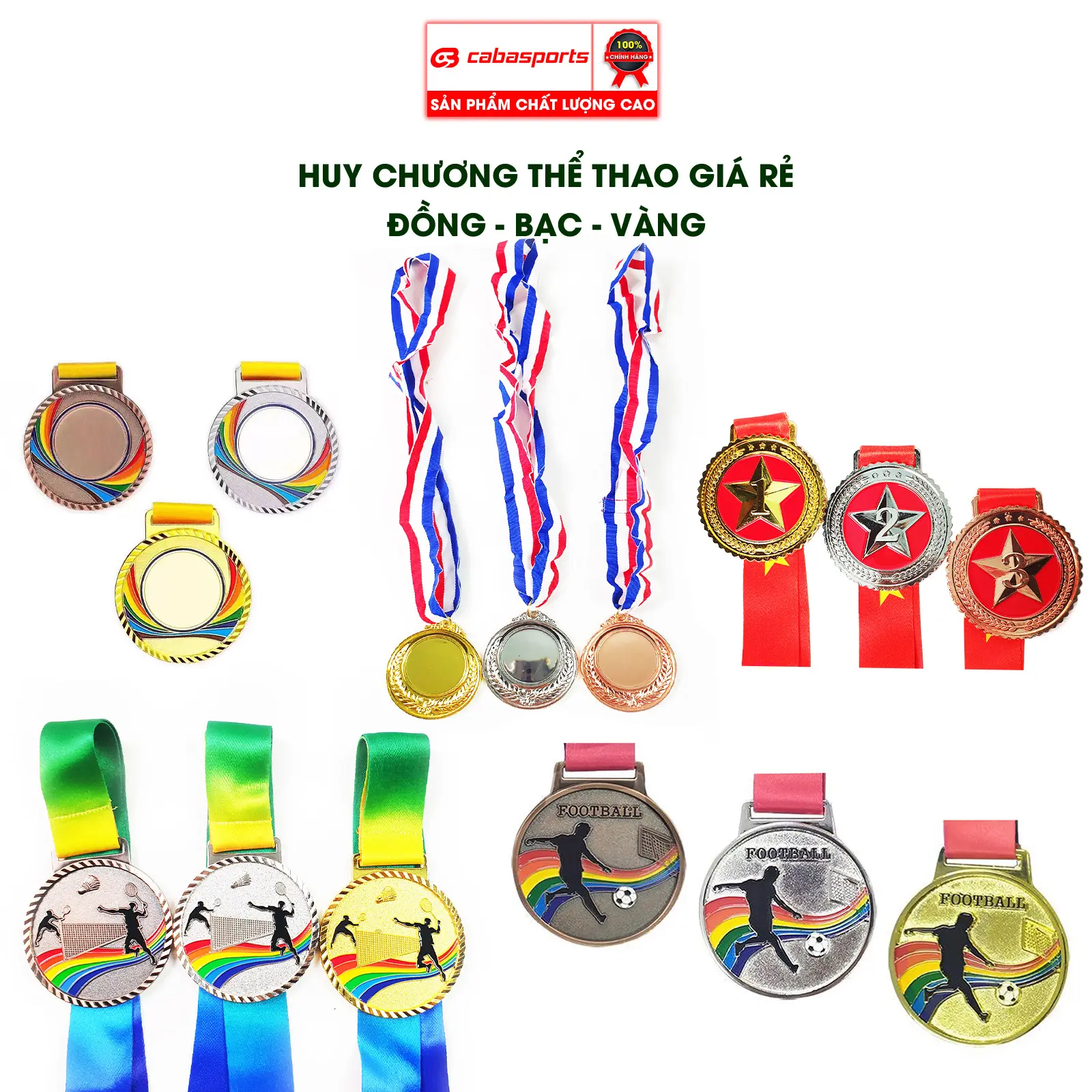 Huy chương bóng đá bóng chuyền cầu lông CabaSports vàng bạc đồng chất lượng giá rẻ