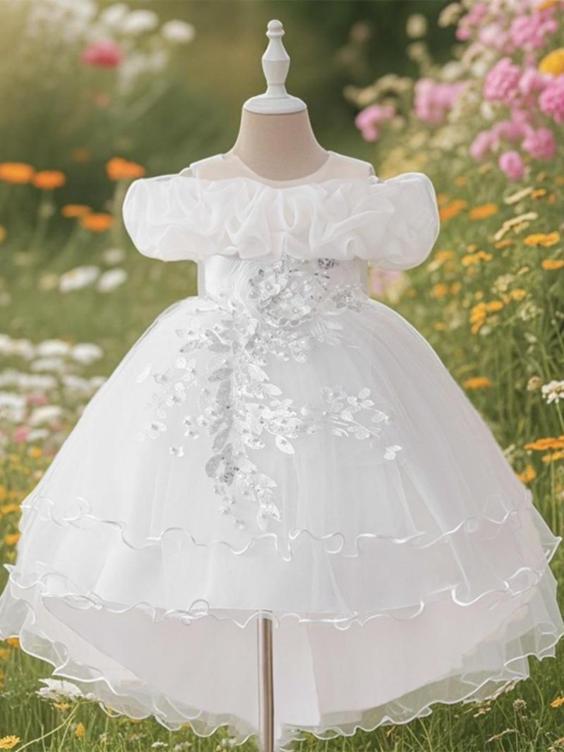 Product Introduction of Girl's Floral Embroidery Sequin Decor Tulle Dress, Elegant Cold Shoulder A Line Dress for Party Performance Wedding Guest, Kids Clothes for Summer 2