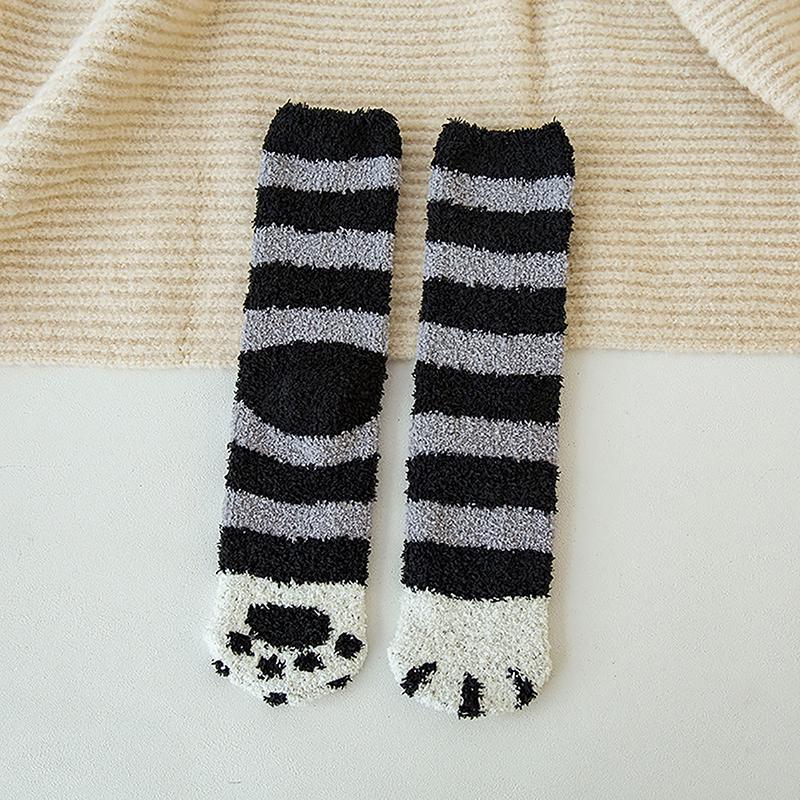 Product Introduction of Winter New Striped Cartoon Cat Claws Warm Thickened Sleeping Socks For Women 23