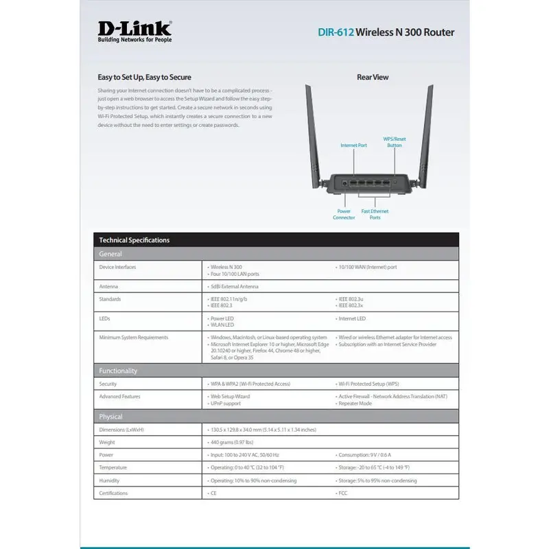 D-Link DIR-612 Wireless N300 Router Single Band 4