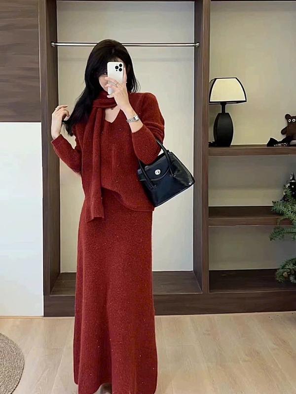 C23 SET bộ len 3 món chân váy dài midi ánh kim nhiều màu kèm khăn hàng quảng châu cao cấp Women Nữ Top C23