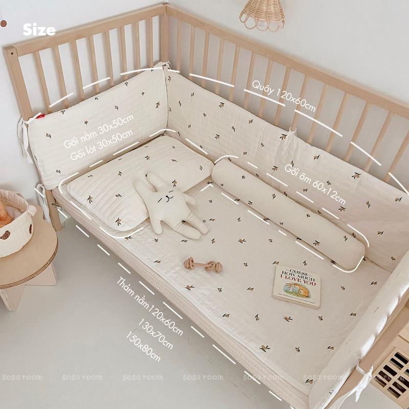 Quây cũi thảm gối, thêu olives, trần bông hữu cơ, quây chống va đập cho bé 5