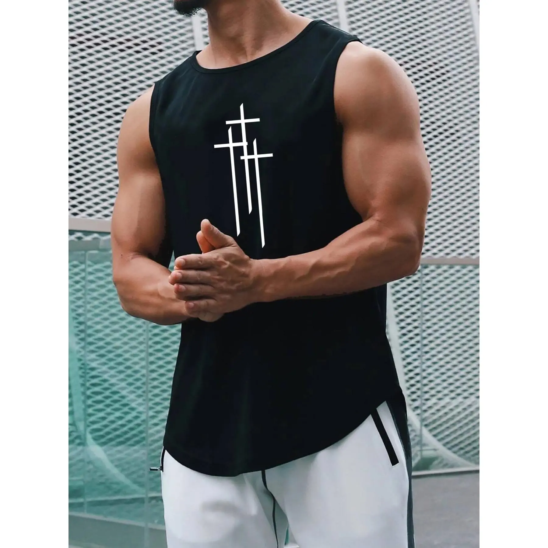 Men's Summer Cross Pattern Print Fitness Loose Size Breathable and Comfortable Round Neck Sleeveless Tank Top T-shirt