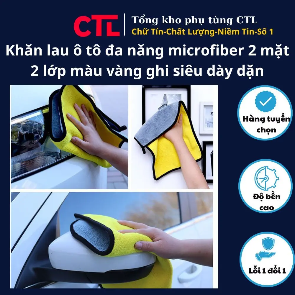 Khăn lau ô tô đa năng microfiber 2 mặt 2 lớp màu vàng ghi siêu dày dặn thấm hút tốt dành cho ô tô