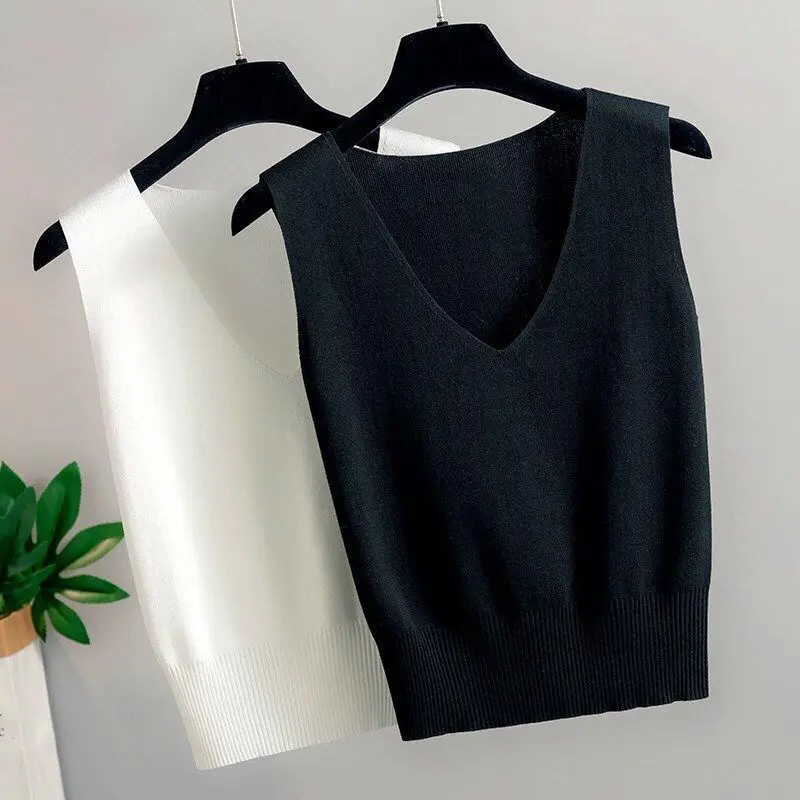 Áo Vest Bên Trong, Chất Liệu Lụa Lạnh Cổ Chữ V, Dây Đeo, Dành Cho Nữ, Có Thể Mặc Ngoài Trời, Không Tay, Đồ Len, Bó Sát Eo, Áo Ngắn, Thích Hợp Cho Mùa Hè