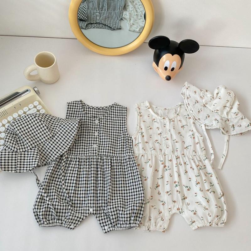 Romper Mùa Hè Cho Bé Gái, Họa Tiết Kẻ Caro In Hoa, Áo Liền Quần Không Tay + Mũ, Bộ 2 Món, Bodysuit Cho Bé Gái Sơ Sinh, Quần Áo Trẻ Em 0-24 Tháng