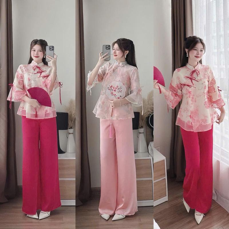 Set bộ nữ áo voan hoa tay ngắn ống loe cổ cao thắt dây nơ mix quần dài tuyết nhung form rộng xinh xắn thích hợp cho nàng di chơi.
