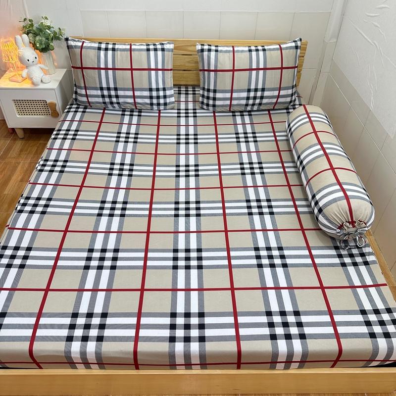 Bộ Drap Thun HQ Sọc Caro Nâu ( 4 món): 1 ga bo chun, 2 vỏ gối nằm, 1 vỏ gối ôm