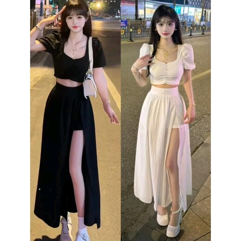 Sét áo kiểu croptop nhúng ngực mix chân váy sẻ tà _ Chất thun gân lạnh