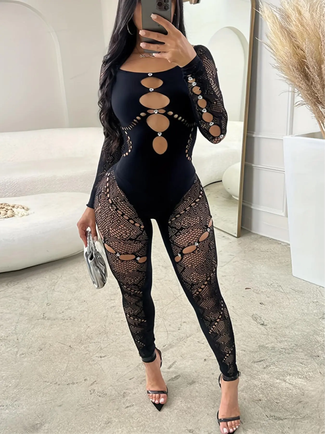 Women's Sexy Rhinestone Decor Off The Shoulder Jumpsuit, Lady Cut Out Long Sleeve Skinny Jumpsuit for Daily Outdoor Wear, Valentine's Day Gift for Girl, Ladies Clothes for All Seasons, Womenswear