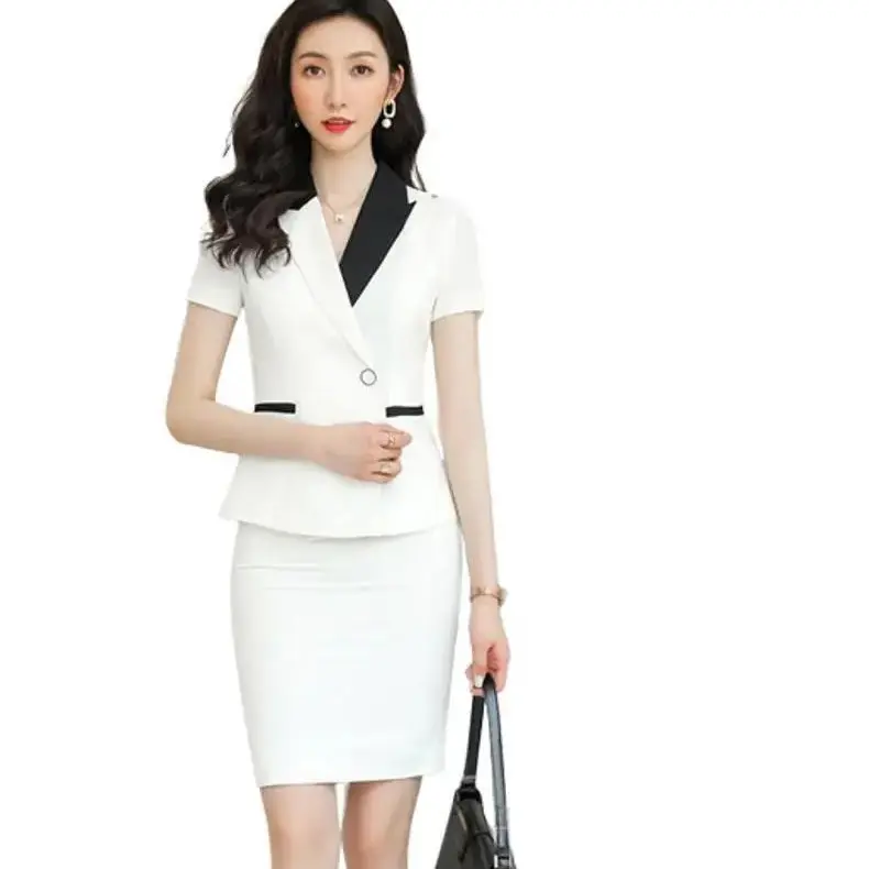 set váy phối cổ vest cộc tay+chân váy bút chì chất chéo hàn họa tiết màu trắng+đen Women Top Ong Nữ Áo