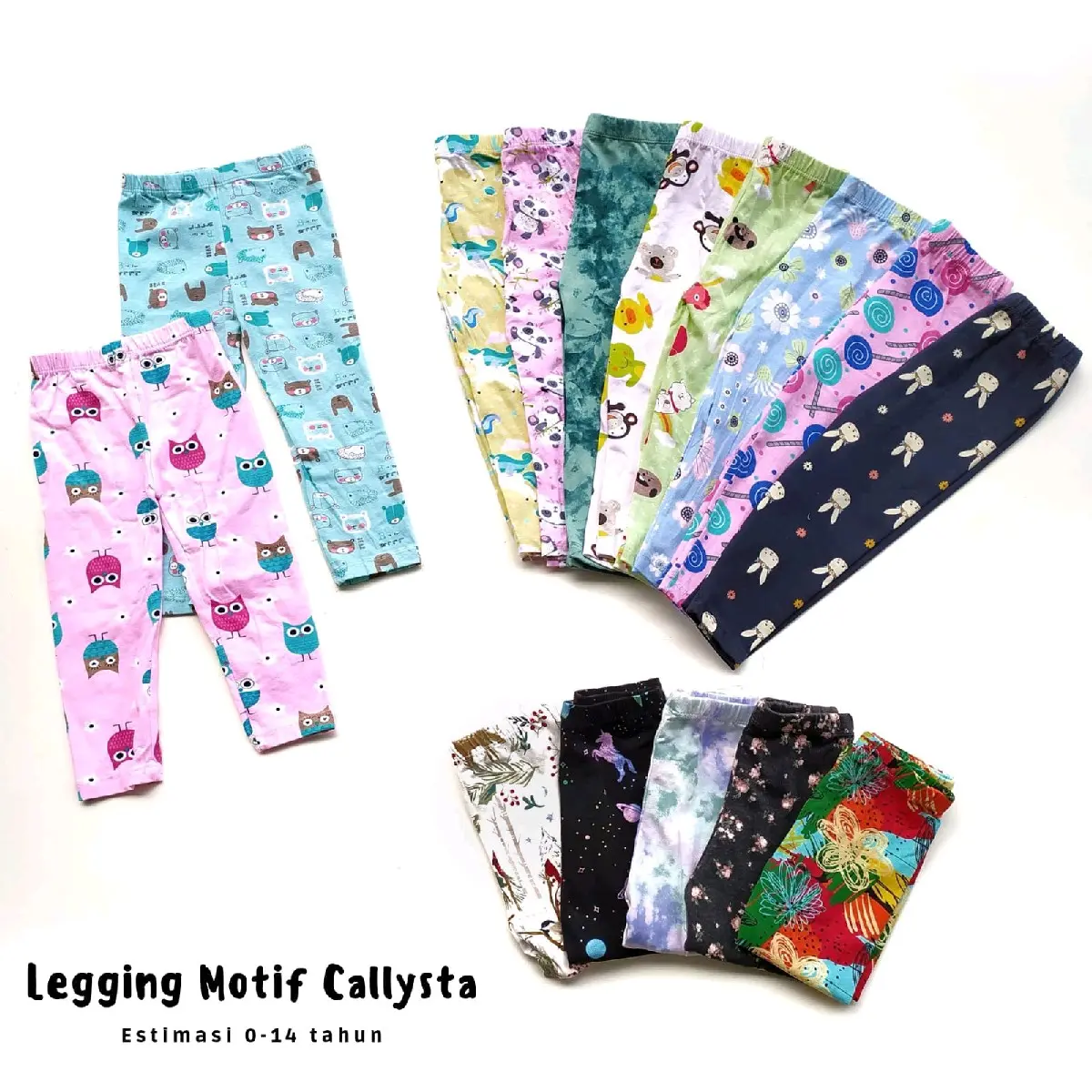 Celana Legging Panjang Anak Cewek Callysta Polos Motif Hitam 0-14 Tahun Katun