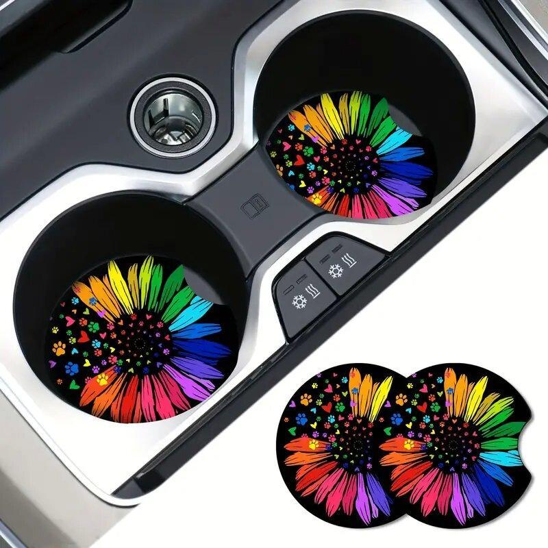 Flower Pattern Car Coaster, Round Anti-slip Cup Holder Decorative Cup Mat, Car Cup Holder Coaster For Gift, Car Decoration 2